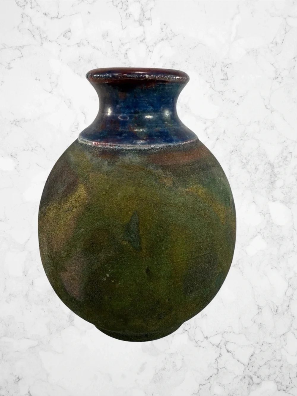 Vintage Raku Art Pottery Bud Table Vase Floral Green Gold Blue Artisan Signed